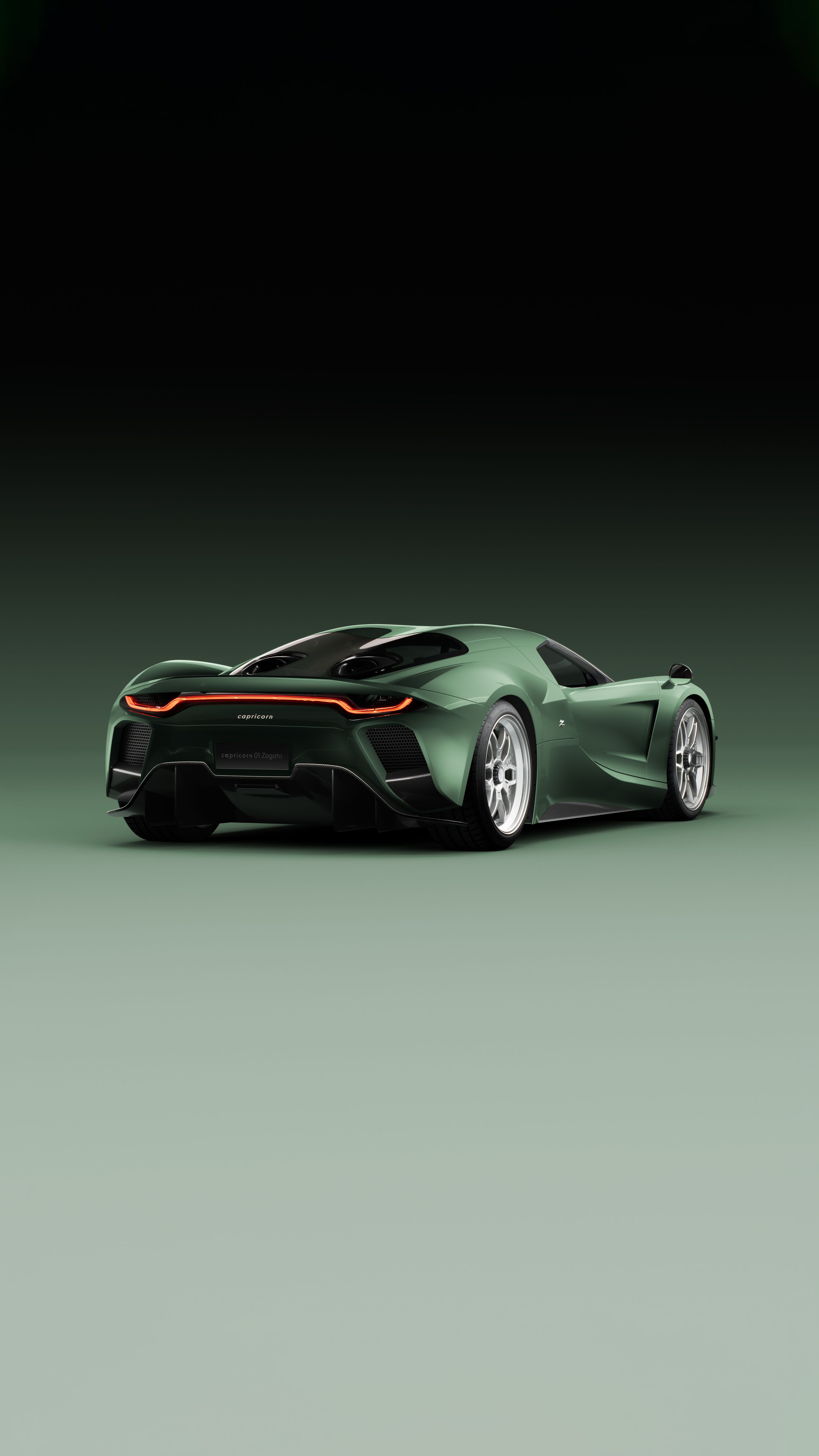 3/4 view of the capricorn 01 Zagato hypercar on a green, gradient backdrop