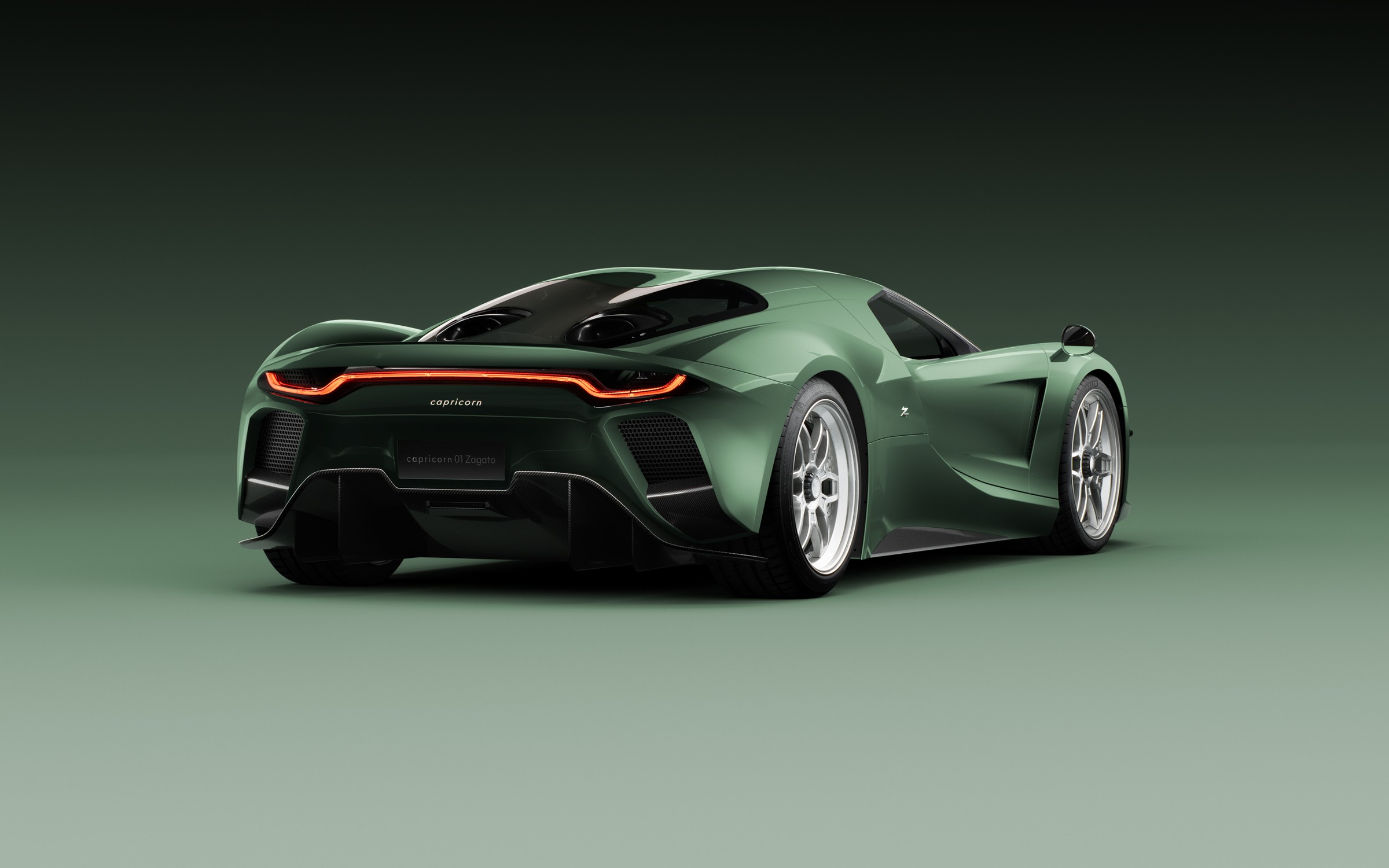 3/4 view of the capricorn 01 Zagato hypercar on a green, gradient backdrop